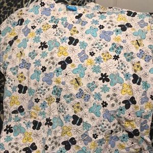 Blue white and yellow butterfly scrub top